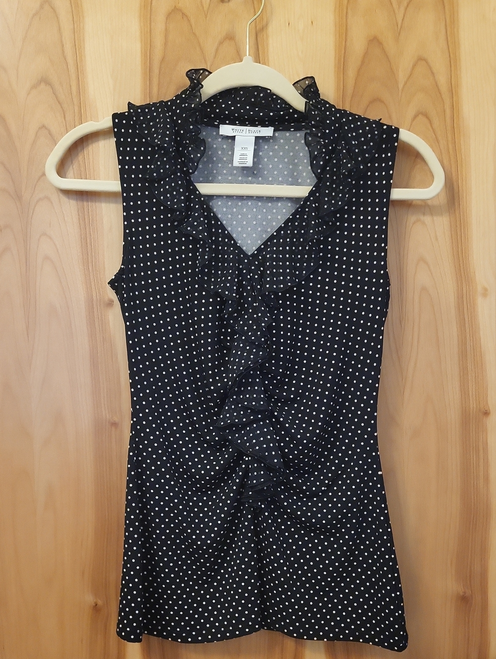 White House Black Market Black & White Polka Dot Ruffle Sleeveless Top